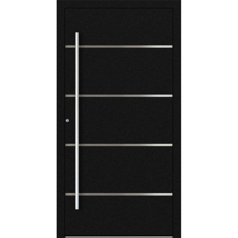 Aluminiumhaustür Feldmann und Mayer P90 und SL75 Design M02 in Schwarz mit vier Edelstahl-Applikationen und silbernen Griffen