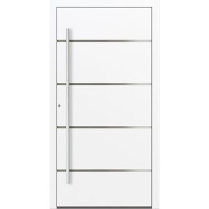 Porte d'entrée aluminium Feldmann et Mayer P90 et SL75 Design M02 en blanc avec quatre applications inox et poignées argentées