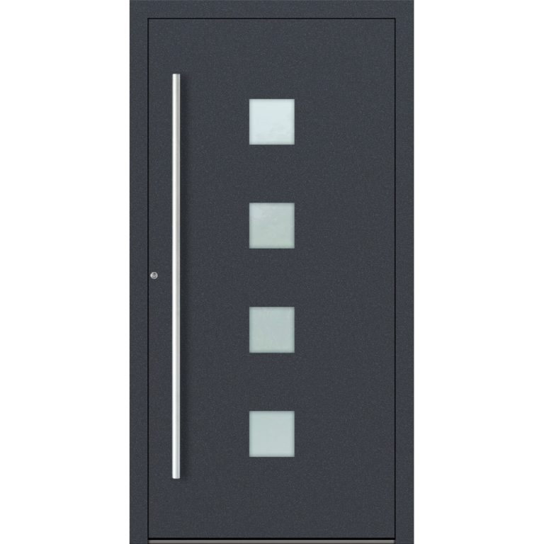Aluminium-Haustür Feldmann und Mayer P90 und SL75 Design M03 in Anthrazit mit vier quadratischen Glaseinsätzen mit silbernen Griffen