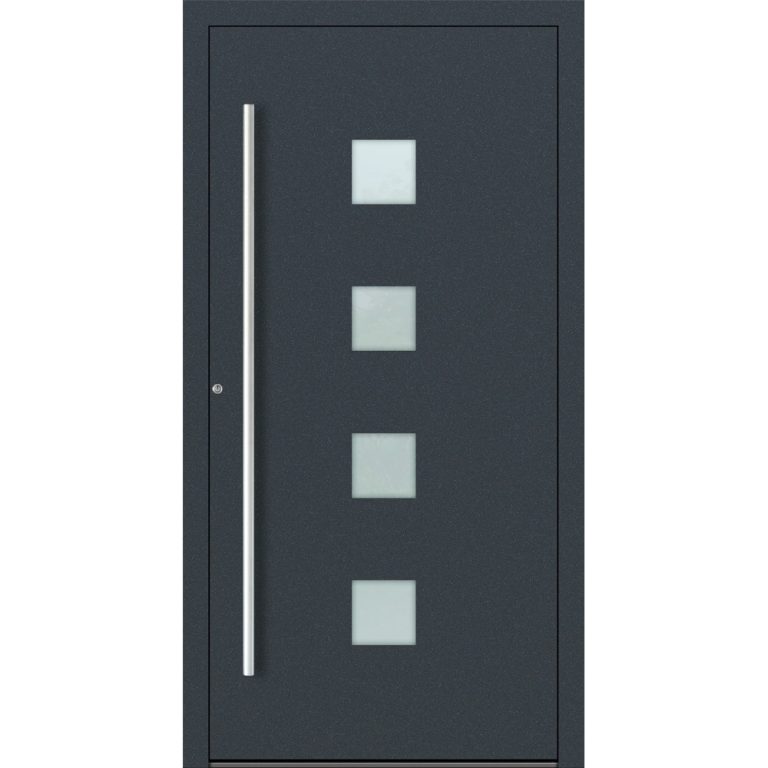 Aluminium-Haustür Feldmann und Mayer P90 und SL75 Design M03 in Anthrazit RAL7016 mit vier quadratischen Glaseinsätzen mit silbernen Griffen
