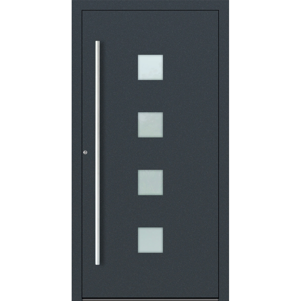 Aluminium-Haustür Feldmann und Mayer P90 und SL75 Design M03 in Anthrazit RAL7016 mit vier quadratischen Glaseinsätzen mit silbernen Griffen