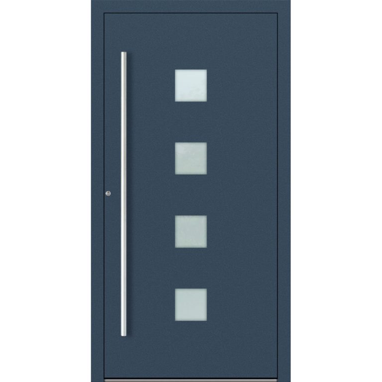 Aluminium-Haustür Feldmann und Mayer P90 und SL75 Design M03 in Dunkelblau mit vier quadratischen Glaseinsätzen mit silbernen Griffen