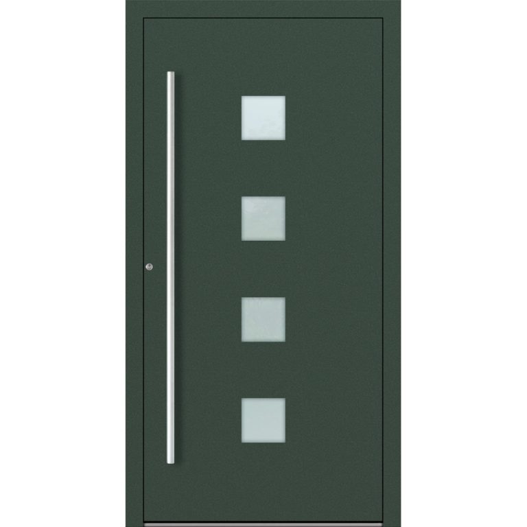 Aluminium-Haustür Feldmann und Mayer P90 und SL75 Design M03 in Tannengrün mit vier quadratischen Glaseinsätzen mit silbernen Griffen