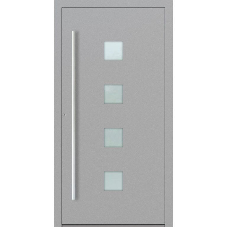 Aluminium-Haustür Feldmann und Mayer P90 und SL75 Design M03 in Grau mit vier quadratischen Glaseinsätzen mit silbernen Griffen
