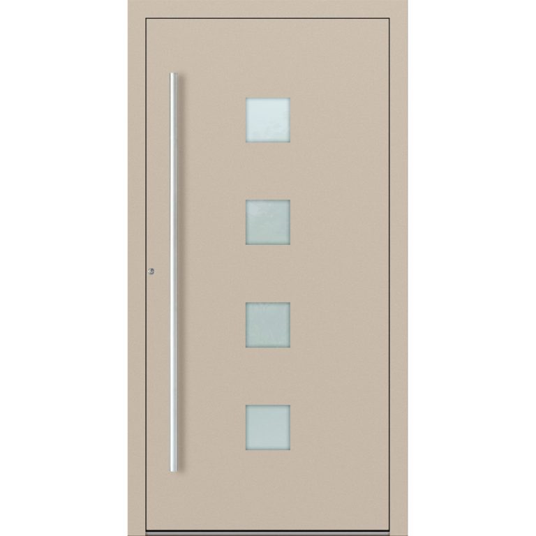 Aluminium-Haustür Feldmann und Mayer P90 und SL75 Design M03 in Elfenbein mit vier quadratischen Glaseinsätzen mit silbernen Griffen