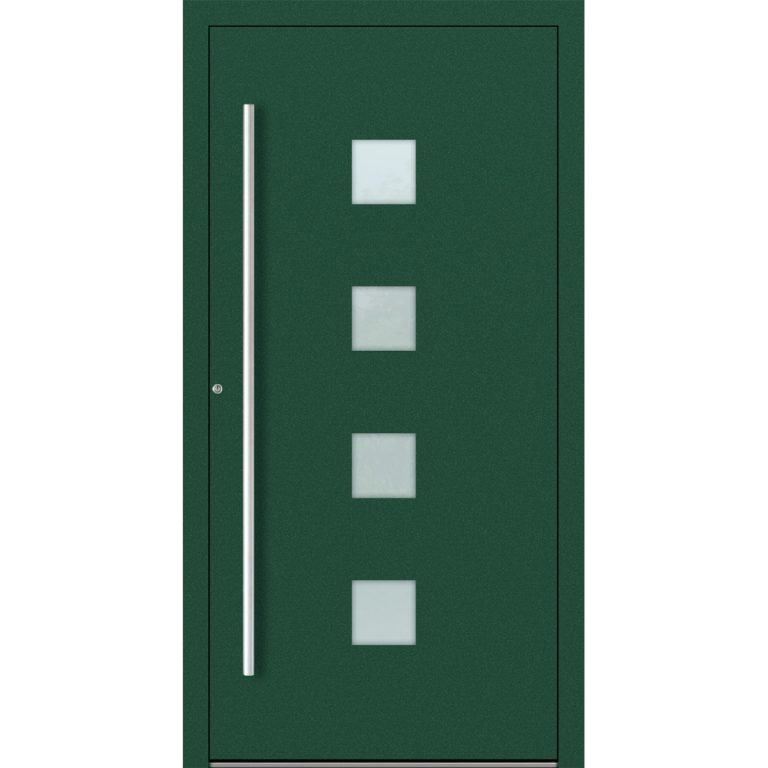 Aluminium-Haustür Feldmann und Mayer P90 und SL75 Design M03 in Moosgrün mit vier quadratischen Glaseinsätzen mit silbernen Griffen