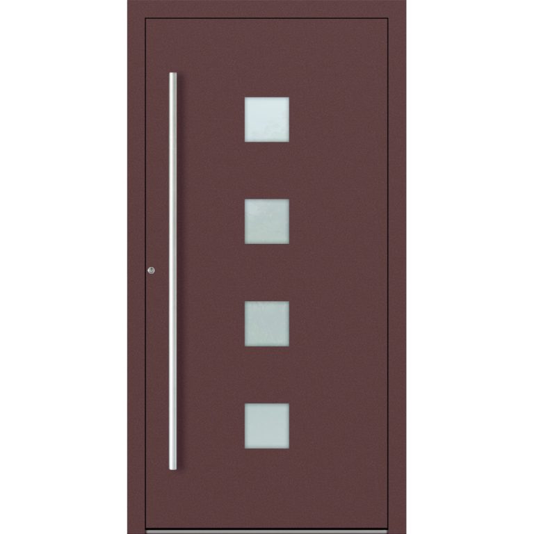 Aluminium-Haustür Feldmann und Mayer P90 und SL75 Design M03 in Rotbraun mit vier quadratischen Glaseinsätzen mit silbernen Griffen