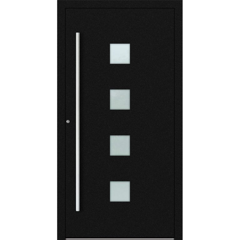 Aluminium-Haustür Feldmann und Mayer P90 und SL75 Design M03 in Schwarz mit vier quadratischen Glaseinsätzen mit silbernen Griffen