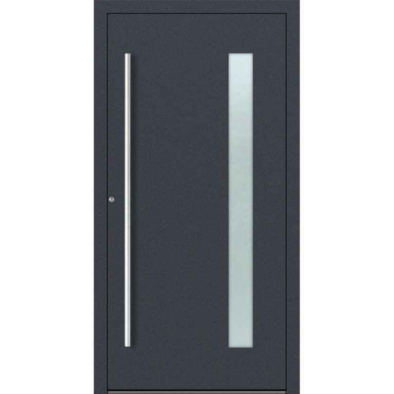 Aluminiumhaustür Feldmann und Mayer P90 und SL75 Design M04 in Anthrazit mit Glaseinsatz und silbernen Griffen