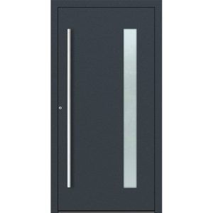 Porte d'entrée aluminium Feldmann et Mayer P90 et SL75 Design M04 en anthracite RAL7016 avec insert en verre et poignées argentées