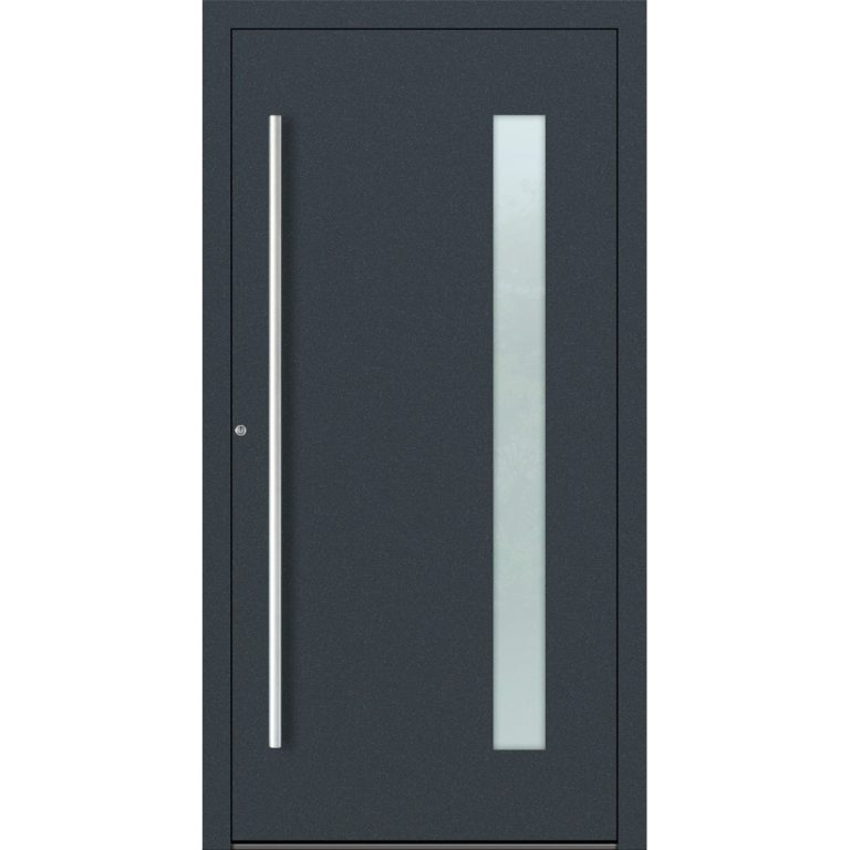 Aluminiumhaustür Feldmann und Mayer P90 und SL75 Design M04 in Anthrazit RAL7016 mit Glaseinsatz und silbernen Griffen
