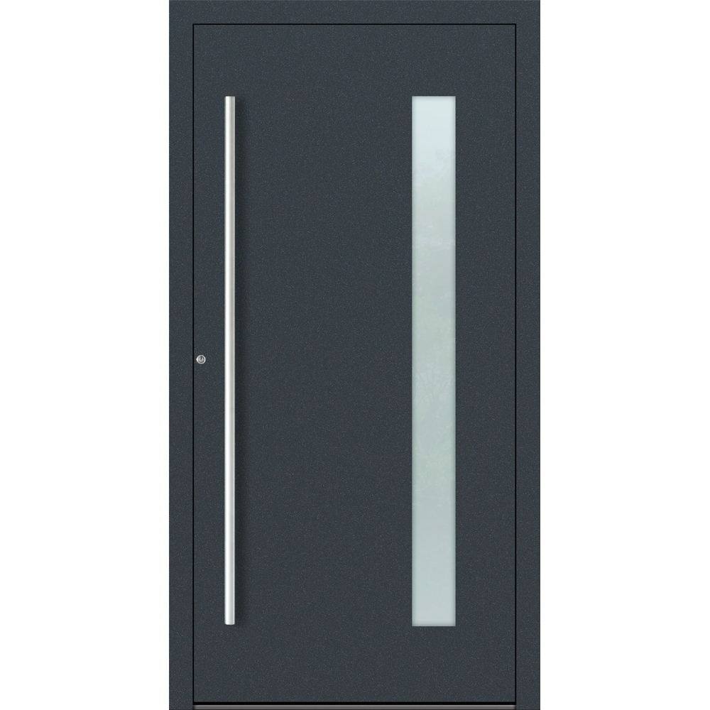 Aluminiumhaustür Feldmann und Mayer P90 und SL75 Design M04 in Anthrazit RAL7016 mit Glaseinsatz und silbernen Griffen