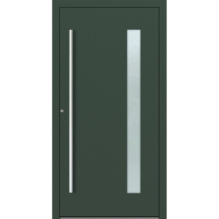 Aluminiumhaustür Feldmann und Mayer P90 und SL75 Design M04 in Tannengrün mit Glaseinsatz und silbernen Griffen