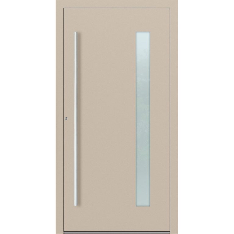 Aluminiumhaustür Feldmann und Mayer P90 und SL75 Design M04 in Elfenbein mit Glaseinsatz und silbernen Griffen