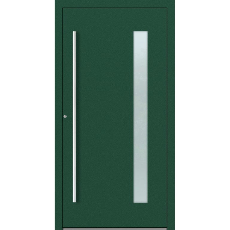 Aluminiumhaustür Feldmann und Mayer P90 und SL75 Design M04 in Moosgrün mit Glaseinsatz und silbernen Griffen