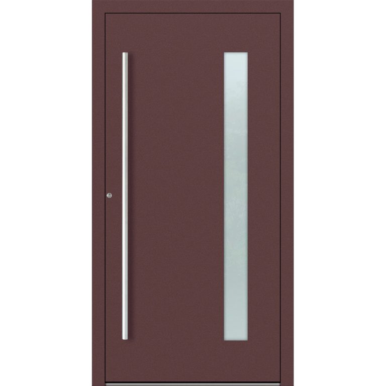 Aluminiumhaustür Feldmann und Mayer P90 und SL75 Design M04 in Rotbraun mit Glaseinsatz und silbernen Griffen