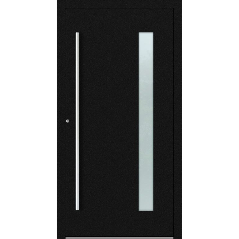 Aluminiumhaustür Feldmann und Mayer P90 und SL75 Design M04 in Schwarz mit Glaseinsatz und silbernen Griffen