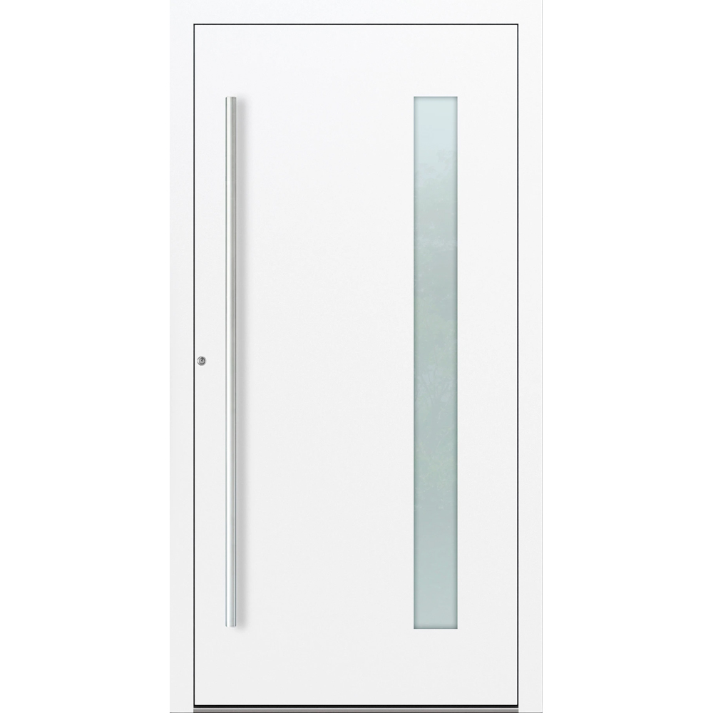 Aluminiumhaustür Feldmann und Mayer P90 und SL75 Design M04 in Weiß mit Glaseinsatz und silbernen Griffen