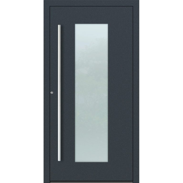 Aluminium-Haustür Feldmann und Mayer P90 und SL75 Design M08 in Anthrazit RAL7016 mit Glaseinsatz und silbernen Griffen