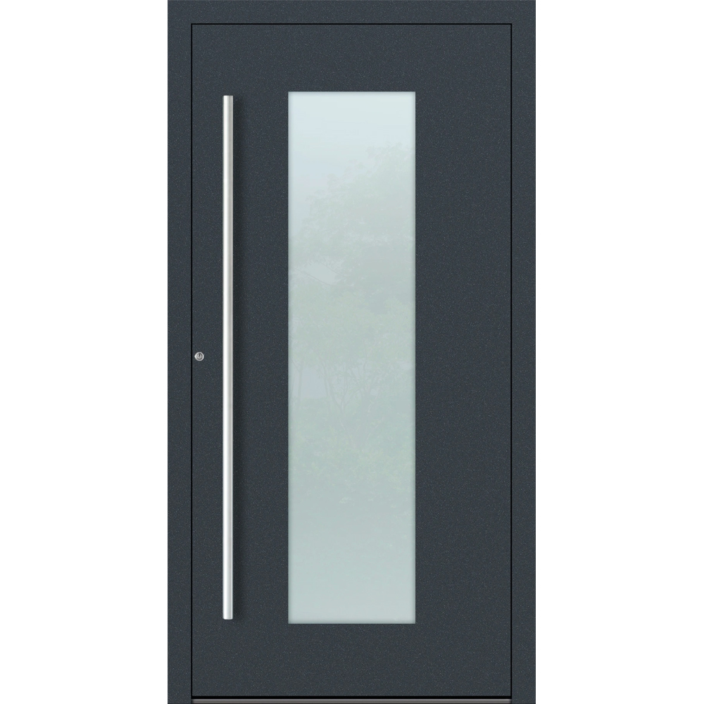 Aluminium-Haustür Feldmann und Mayer P90 und SL75 Design M08 in Anthrazit RAL7016 mit Glaseinsatz und silbernen Griffen