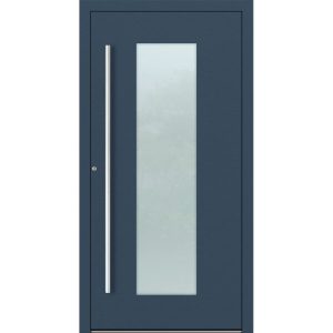 Porte d’entrée aluminium Feldmann et Mayer P90 et SL75 Design M08 en bleu foncé avec insert en verre et poignées argentées