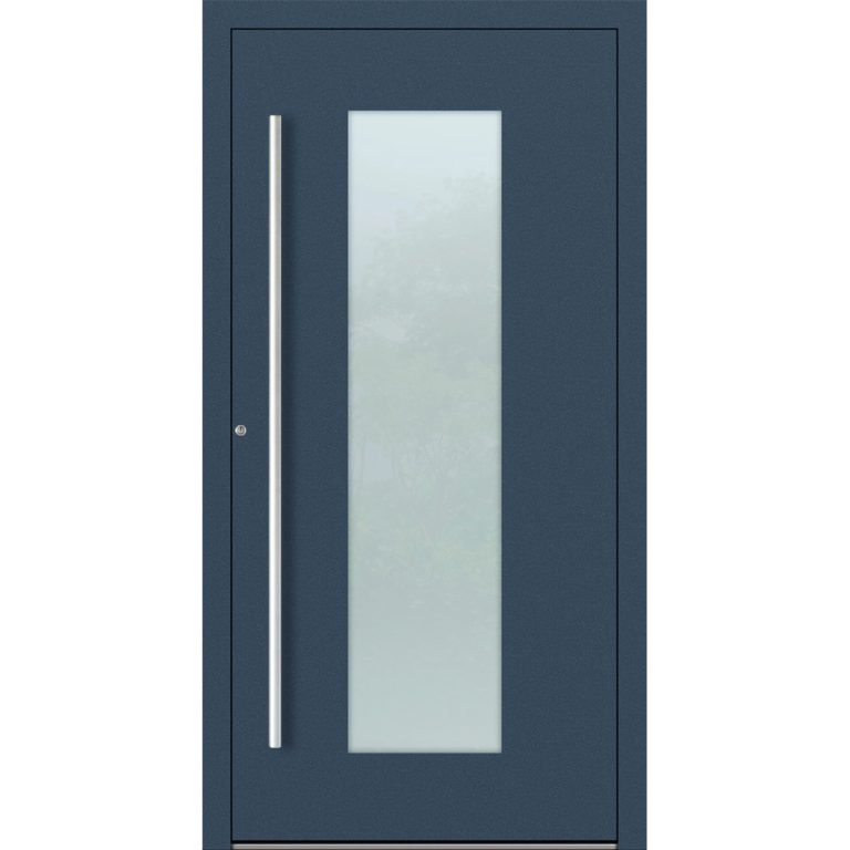 Aluminium-Haustür Feldmann und Mayer P90 und SL75 Design M08 in Dunkelblau mit Glaseinsatz und silbernen Griffen