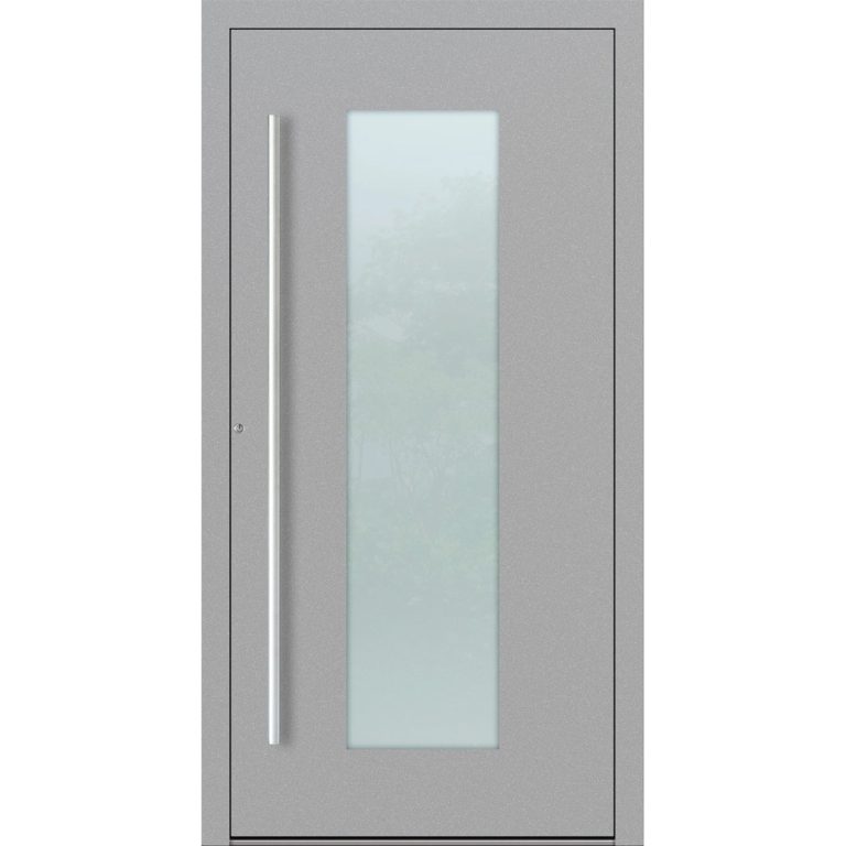 Aluminium-Haustür Feldmann und Mayer P90 und SL75 Design M08 in Grau mit Glaseinsatz und silbernen Griffen