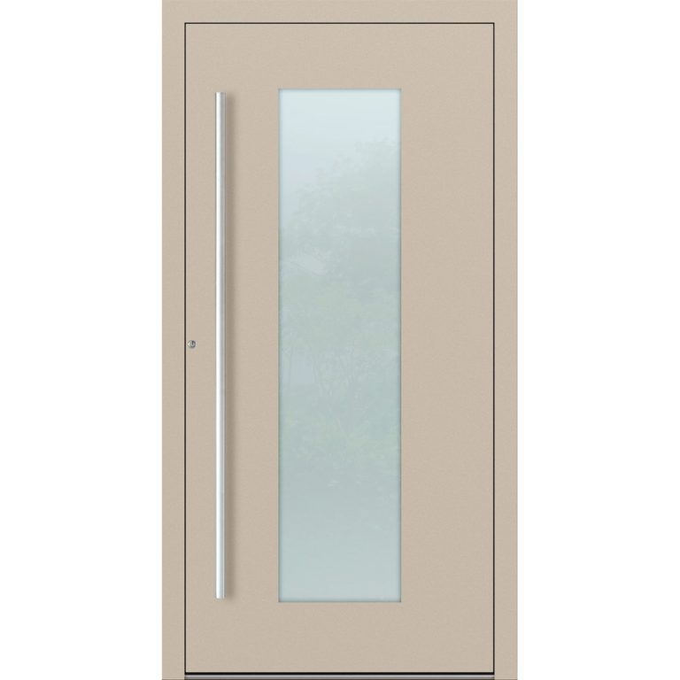Aluminium-Haustür Feldmann und Mayer P90 und SL75 Design M08 in Elfenbein mit Glaseinsatz und silbernen Griffen