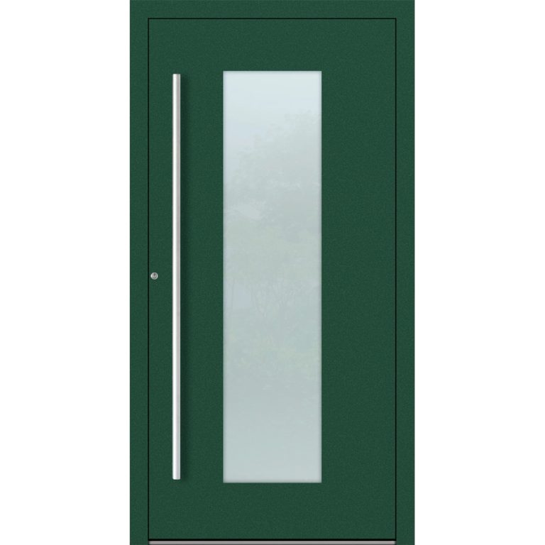 Aluminium-Haustür Feldmann und Mayer P90 und SL75 Design M08 in Mossgrün mit Glaseinsatz und silbernen Griffen