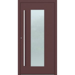 Porte d'entrée aluminium Feldmann et Mayer P90 et SL75 Design M08 en brun rouge avec insert en verre et poignées argentées