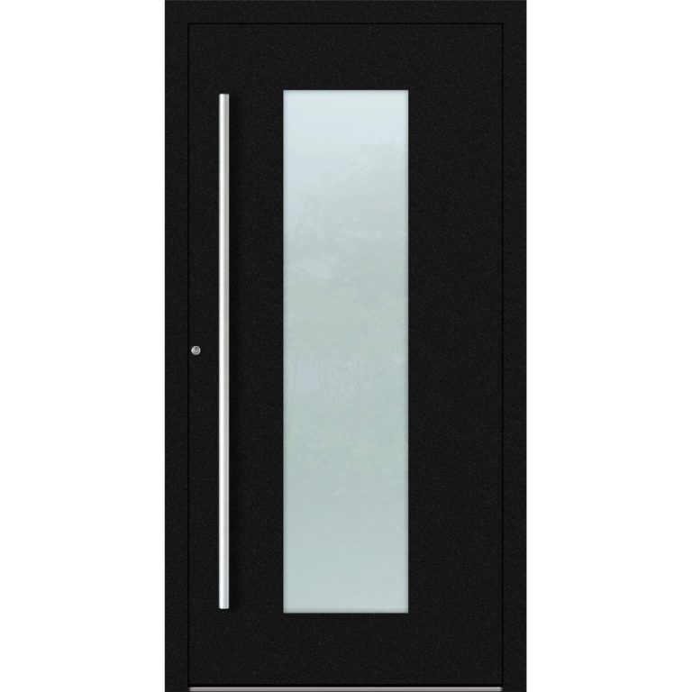 Aluminium-Haustür Feldmann und Mayer P90 und SL75 Design M08 in Schwarz mit Glaseinsatz und silbernen Griffen