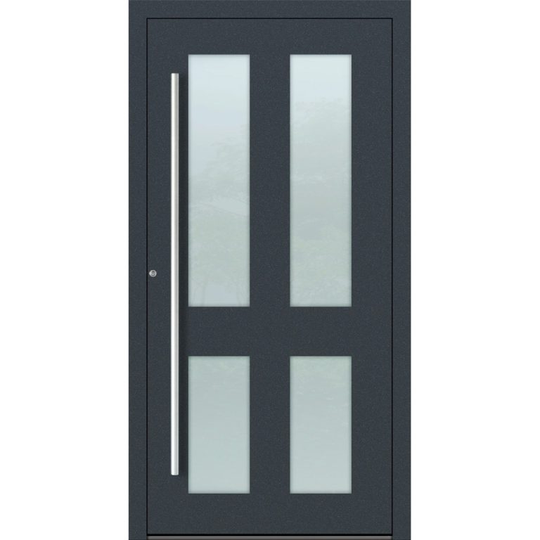 Aluminium-Haustür Feldmann und Mayer P90 und SL75 Design M09 in Anthrazit RAL7016 mit Glaseinsätzen und silbernen Griffen