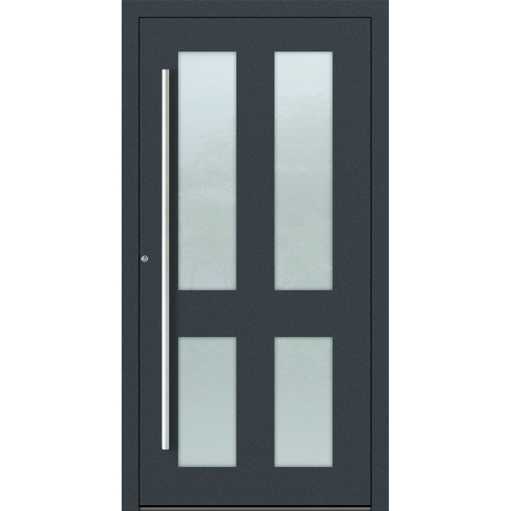 Aluminium-Haustür Feldmann und Mayer P90 und SL75 Design M09 in Anthrazit RAL7016 mit Glaseinsätzen und silbernen Griffen