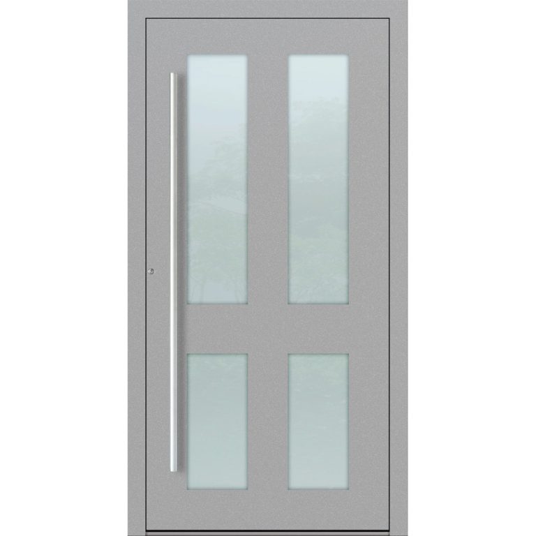 Aluminium-Haustür Feldmann und Mayer P90 und SL75 Design M09in Grau mit Glaseinsätzen und silbernen Griffen