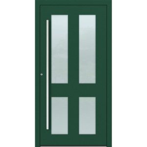 Porte d’entrée aluminium Feldmann et Mayer P90 et SL75 Design M09 en vert mousse avec inserts en verre et poignées argentées