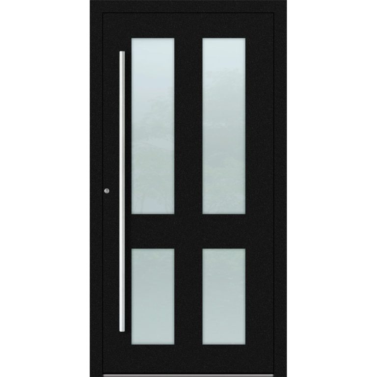 Aluminium-Haustür Feldmann und Mayer P90 und SL75 Design M09 in Schwarz mit Glaseinsätzen und silbernen Griffen