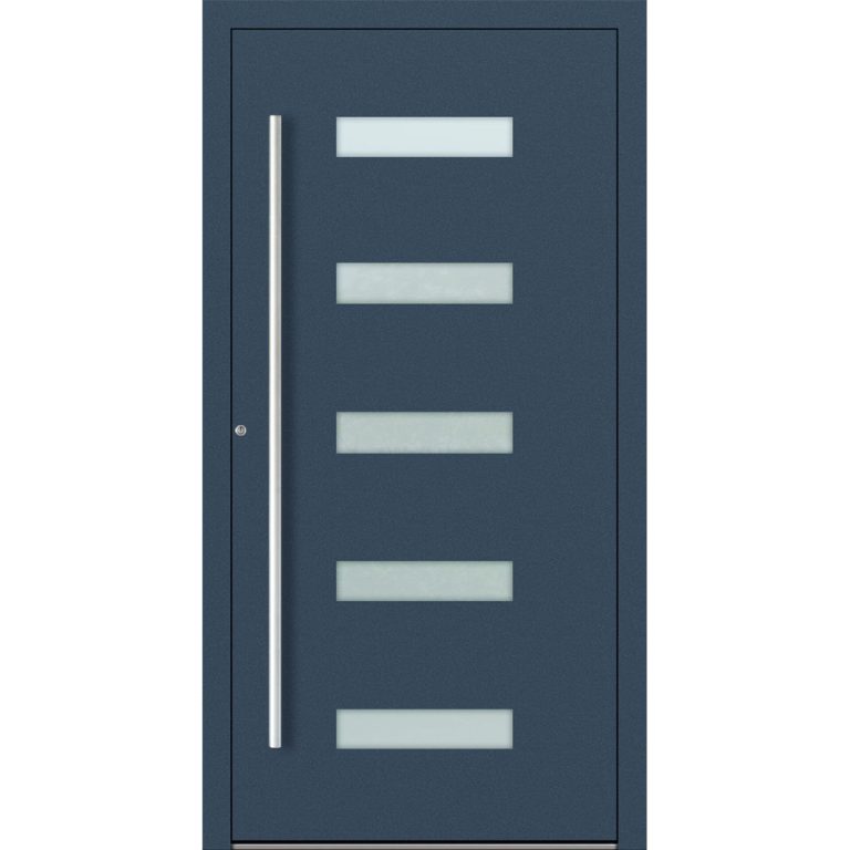 Aluminium-Haus Feldmann und Mayer P90 und SL75 Design M11 in Dunkelblau mit Glaseinsätzen und silbernen Griffen