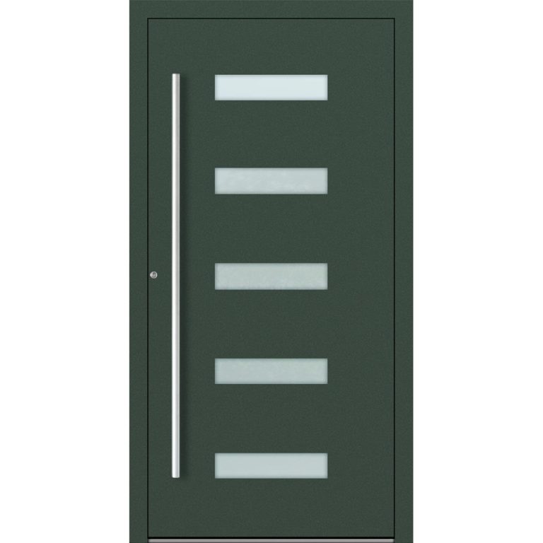 Aluminium-Haus Feldmann und Mayer P90 und SL75 Design M11 in Tannengrün mit Glaseinsätzen und silbernen Griffen