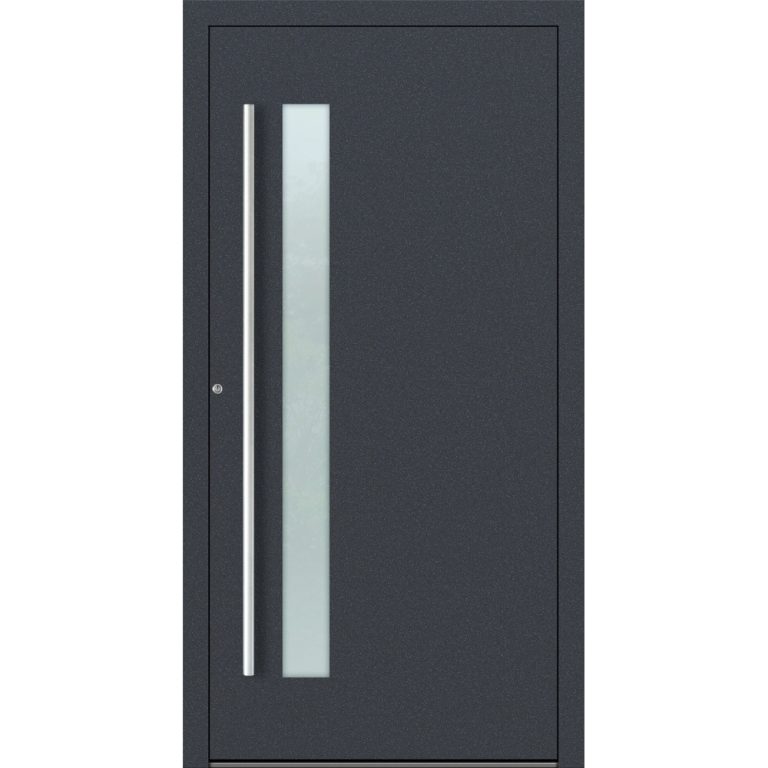 Aluminium-Haustür Feldmann und Mayer P90 und SL75 Design M14 in Anthrazit mit Glaseinsatz und silbernen Griffen
