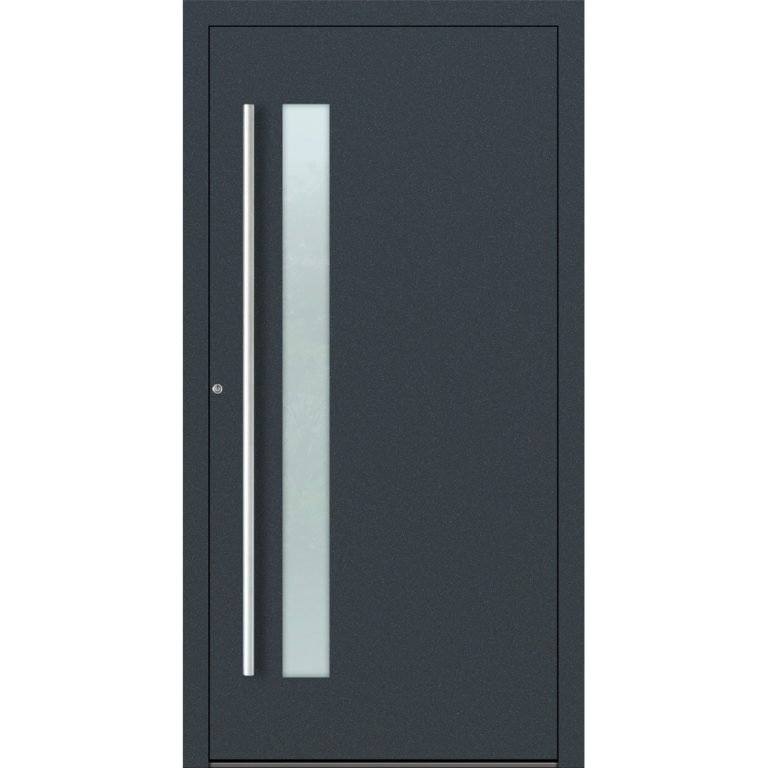 Aluminium-Haustür Feldmann und Mayer P90 und SL75 Design M14 in Anthrazit RAL7016 mit Glaseinsatz und silbernen Griffen