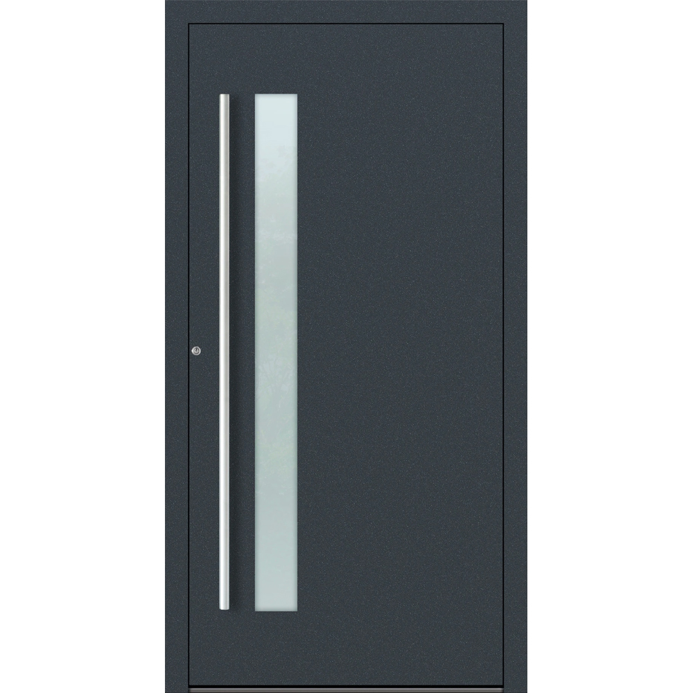 Aluminium-Haustür Feldmann und Mayer P90 und SL75 Design M14 in Anthrazit RAL7016 mit Glaseinsatz und silbernen Griffen