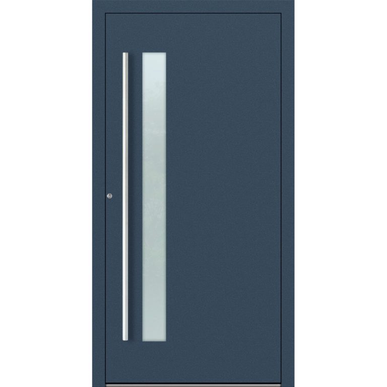 Aluminium-Haustür Feldmann und Mayer P90 und SL75 Design M14 in Dunkelblau mit Glaseinsatz und silbernen Griffen