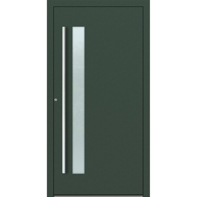Aluminium-Haustür Feldmann und Mayer P90 und SL75 Design M14 in Tannengrün mit Glaseinsatz und silbernen Griffen