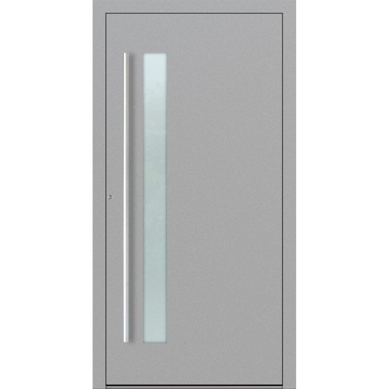 Aluminium-Haustür Feldmann und Mayer P90 und SL75 Design M14 in Grau mit Glaseinsatz und silbernen Griffen