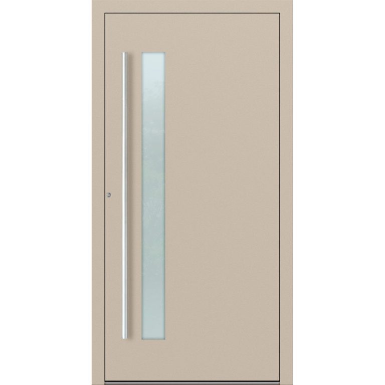 Aluminium-Haustür Feldmann und Mayer P90 und SL75 Design M14 in Elfenbein mit Glaseinsatz und silbernen Griffen