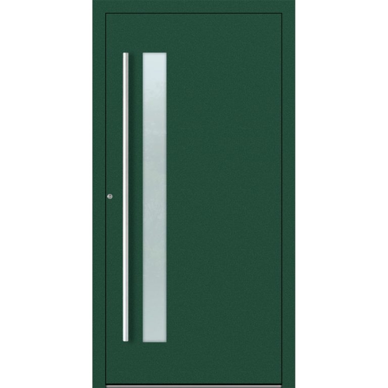 Aluminium-Haustür Feldmann und Mayer P90 und SL75 Design M14 in Moosgrün mit Glaseinsatz und silbernen Griffen