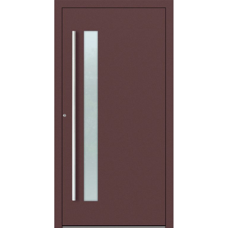 Aluminium-Haustür Feldmann und Mayer P90 und SL75 Design M14 in Rotbraun mit Glaseinsatz und silbernen Griffen