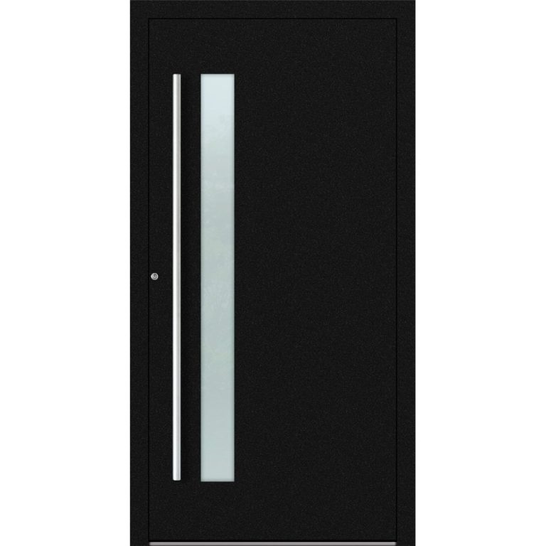 Aluminium-Haustür Feldmann und Mayer P90 und SL75 Design M14 in Schwarz mit Glaseinsatz und silbernen Griffen