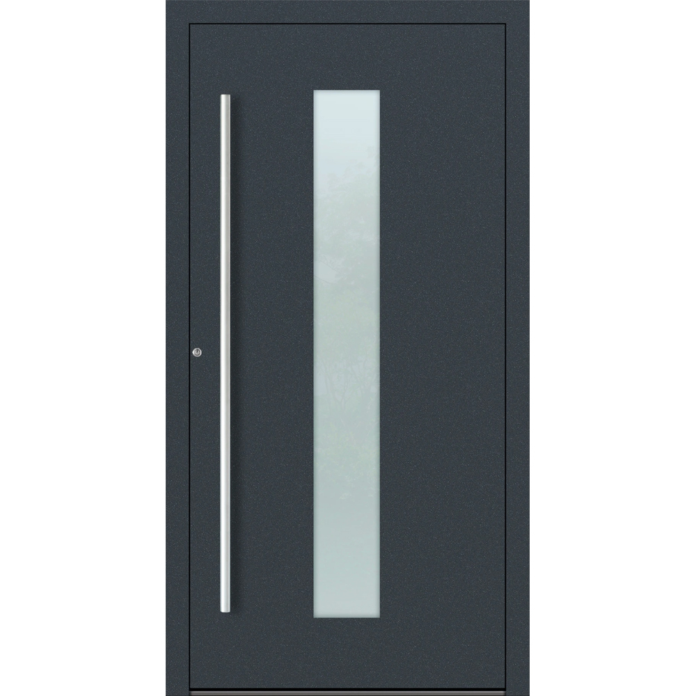 Aluminiumhaustür Feldmann und Mayer P90 und SL75 Design M15 in Anthrazit RAL7016 mit Glaseinsatz und silbernem Griffset
