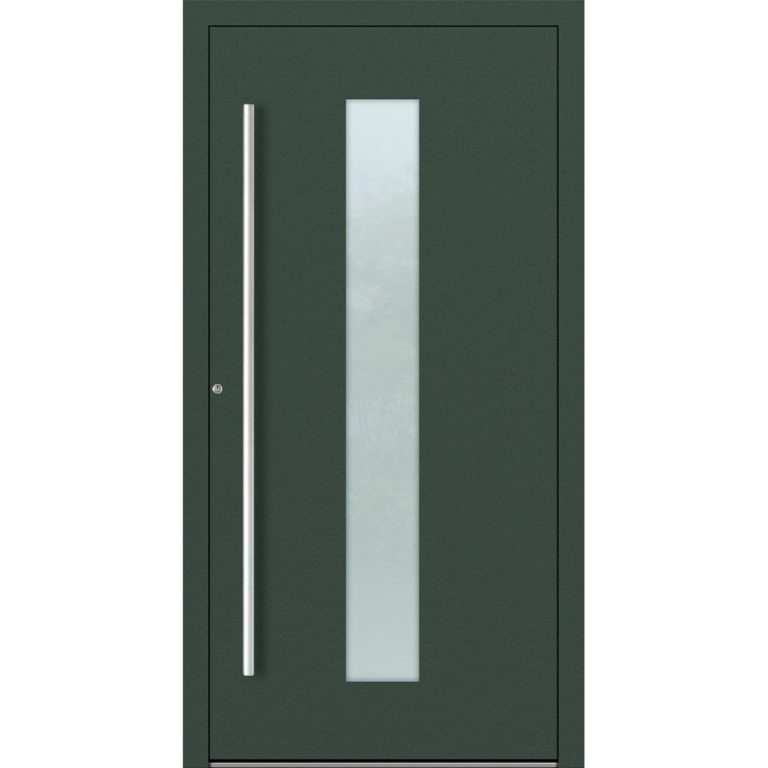 Aluminiumhaustür Feldmann und Mayer P90 und SL75 Design M15 in Tannengrün mit Glaseinsatz und silbernem Griffset